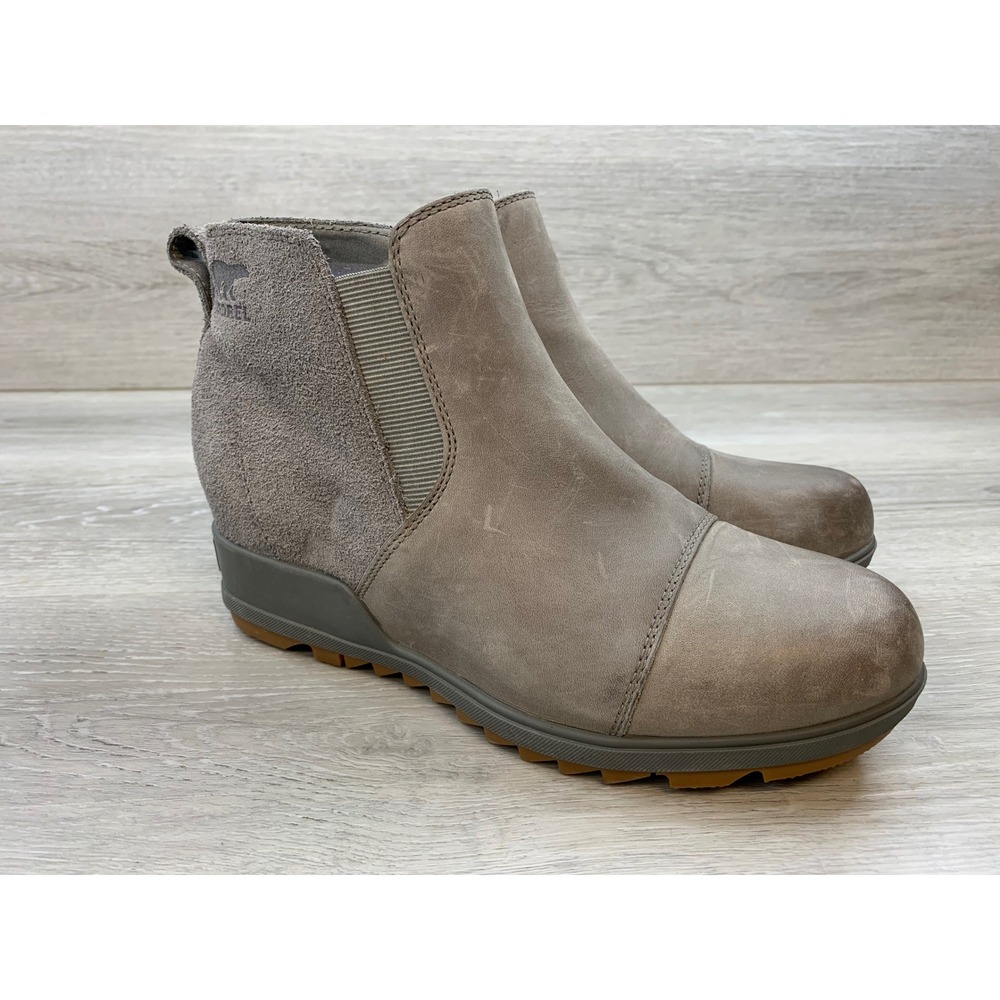 Sorel Evie Chelsea Women's Wedge Boots Gray‎ Leather Suede Waterproof 8.5